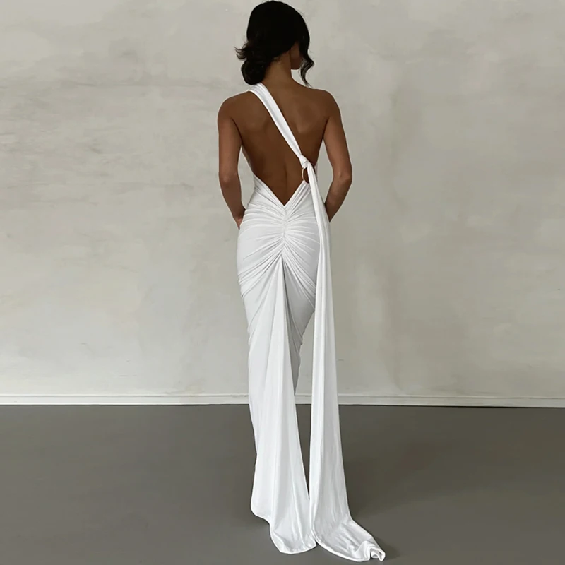 Hugcitar One Shoulder Backless Adjustable Scarf Loop Ruched Sexy Maxi Dress Women Elegant Y2K Streetwear Festival Outfit