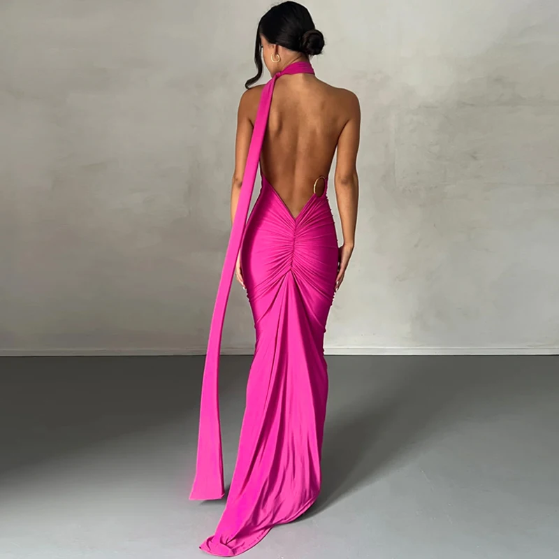 Hugcitar One Shoulder Backless Adjustable Scarf Loop Ruched Sexy Maxi Dress Women Elegant Y2K Streetwear Festival Outfit