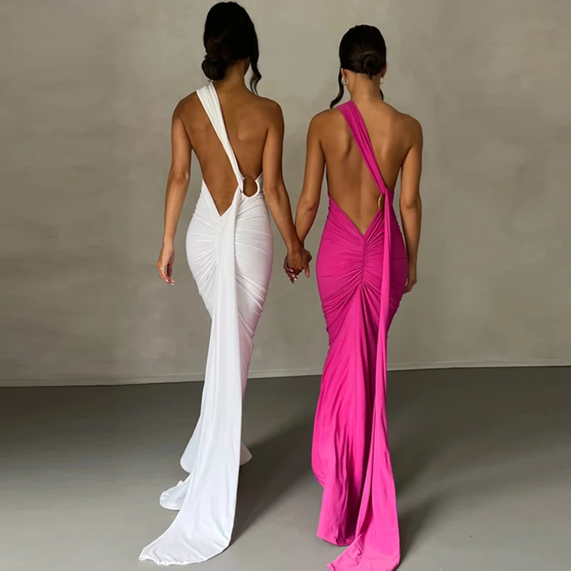 Hugcitar One Shoulder Backless Adjustable Scarf Loop Ruched Sexy Maxi Dress Women Elegant Y2K Streetwear Festival Outfit