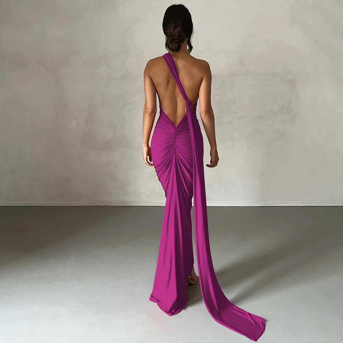 Hugcitar One Shoulder Backless Adjustable Scarf Loop Ruched Sexy Maxi Dress Women Elegant Y2K Streetwear Festival Outfit