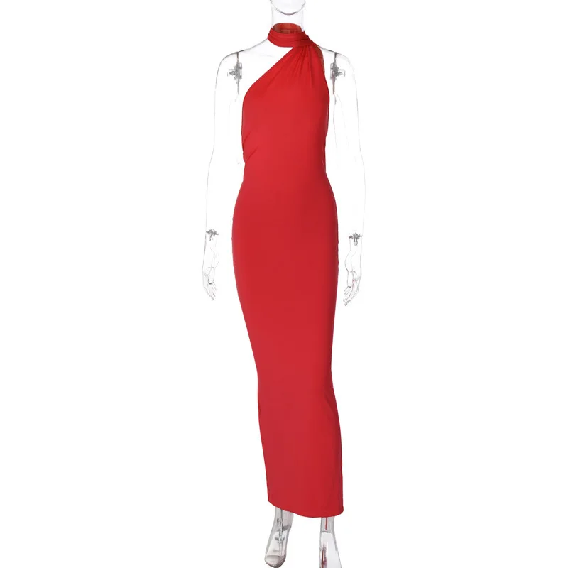 Hugcitar One Shoulder Backless Adjustable Scarf Loop Ruched Sexy Maxi Dress Women Elegant Y2K Streetwear Festival Outfit