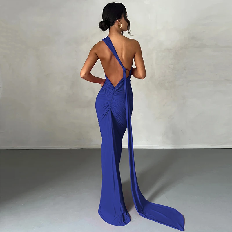 Hugcitar One Shoulder Backless Adjustable Scarf Loop Ruched Sexy Maxi Dress Women Elegant Y2K Streetwear Festival Outfit