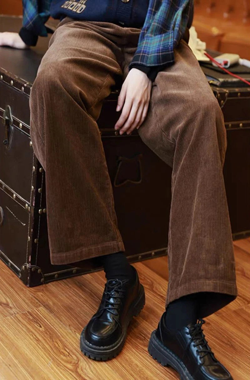 Retro High Waist Corduroy Pants Women Spring Fall Straight Causal Full Length Trousers Korean Fashion Baggy All Match Black Pant