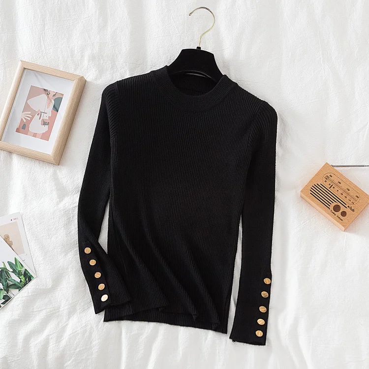 2026 women thick sweater pullovers khaki casual autumn winter button o-neck chic sweater female slim knit top soft jumper tops