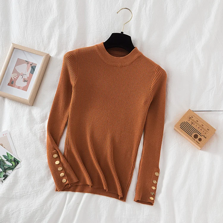 2026 women thick sweater pullovers khaki casual autumn winter button o-neck chic sweater female slim knit top soft jumper tops