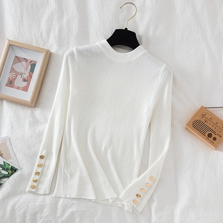 2026 women thick sweater pullovers khaki casual autumn winter button o-neck chic sweater female slim knit top soft jumper tops