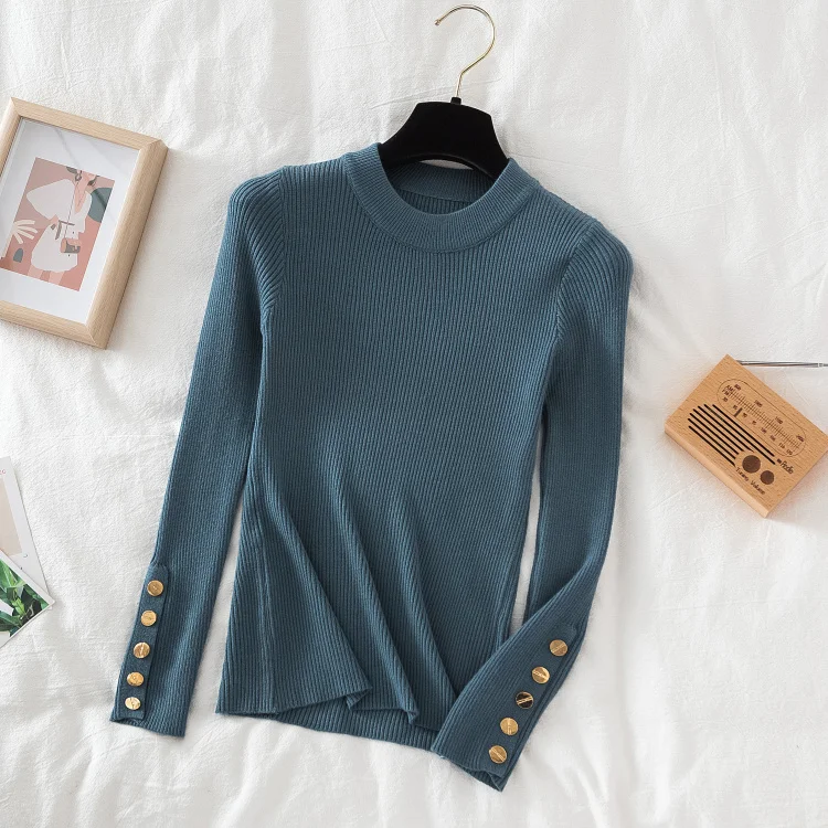 2026 women thick sweater pullovers khaki casual autumn winter button o-neck chic sweater female slim knit top soft jumper tops