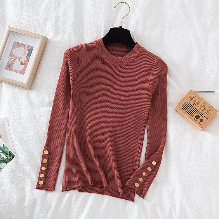 2026 women thick sweater pullovers khaki casual autumn winter button o-neck chic sweater female slim knit top soft jumper tops
