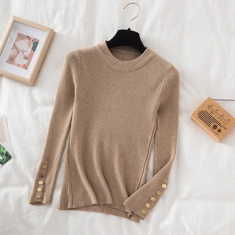 2026 women thick sweater pullovers khaki casual autumn winter button o-neck chic sweater female slim knit top soft jumper tops