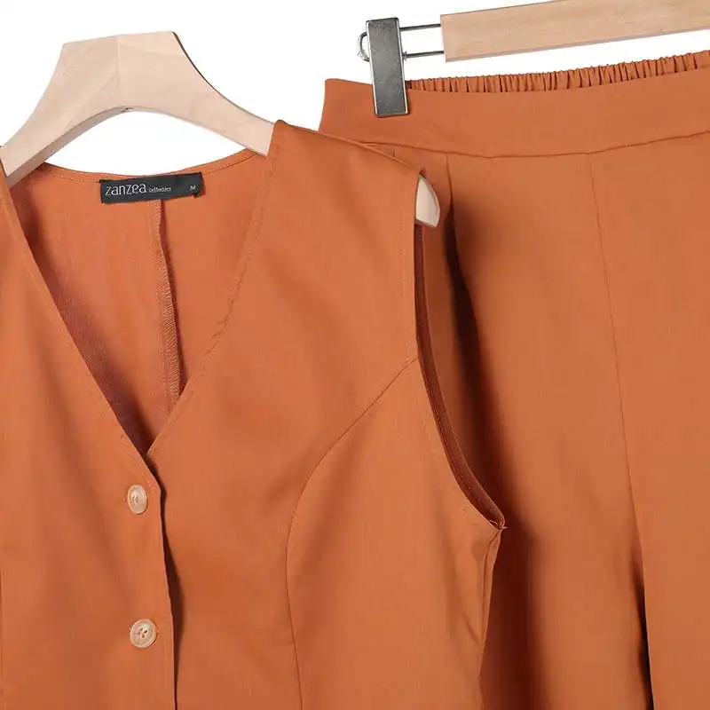 ZANZEA 2026 Women's Two-Piece Sets Wide Leg Pants & Vest Tops Summer Elegant Casual Pant Suits Outfits Office Work Plus Size 5XL