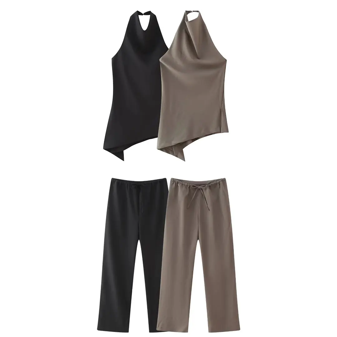 HH Women Vintage Solid Pant Sets Sexy Backless Halter Camis Top Asymmetric Tank Top + Drawstring Trousers Fashion Streetwear