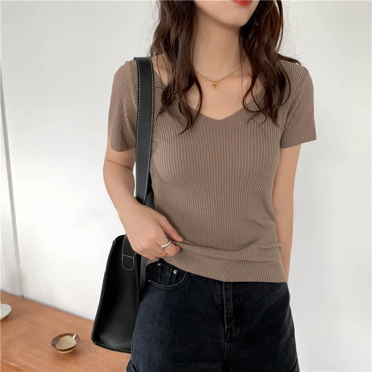 AOSSVIAO 2026 Basic V-neck Solid Thin Summer Pullover Women Female Knitted Ribbed Sweater Slim Short Sleeve Bodycon Sweater
