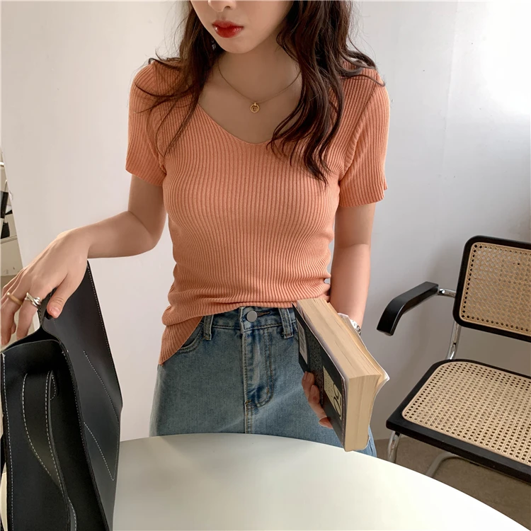 AOSSVIAO 2026 Basic V-neck Solid Thin Summer Pullover Women Female Knitted Ribbed Sweater Slim Short Sleeve Bodycon Sweater