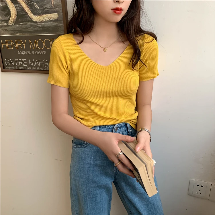 AOSSVIAO 2026 Basic V-neck Solid Thin Summer Pullover Women Female Knitted Ribbed Sweater Slim Short Sleeve Bodycon Sweater