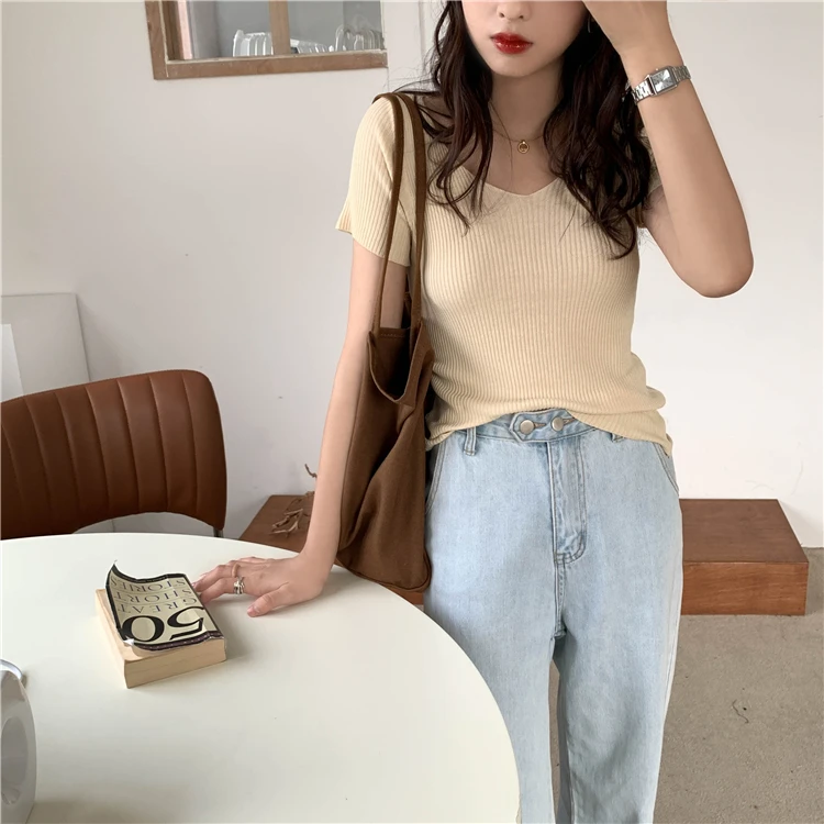AOSSVIAO 2026 Basic V-neck Solid Thin Summer Pullover Women Female Knitted Ribbed Sweater Slim Short Sleeve Bodycon Sweater