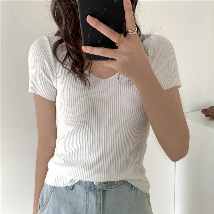 AOSSVIAO 2026 Basic V-neck Solid Thin Summer Pullover Women Female Knitted Ribbed Sweater Slim Short Sleeve Bodycon Sweater