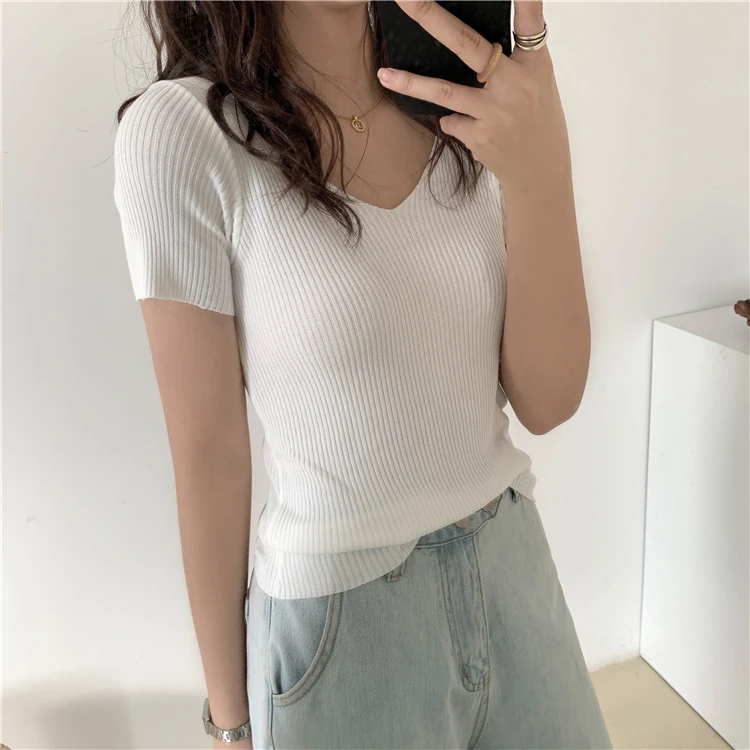 AOSSVIAO 2026 Basic V-neck Solid Thin Summer Pullover Women Female Knitted Ribbed Sweater Slim Short Sleeve Bodycon Sweater
