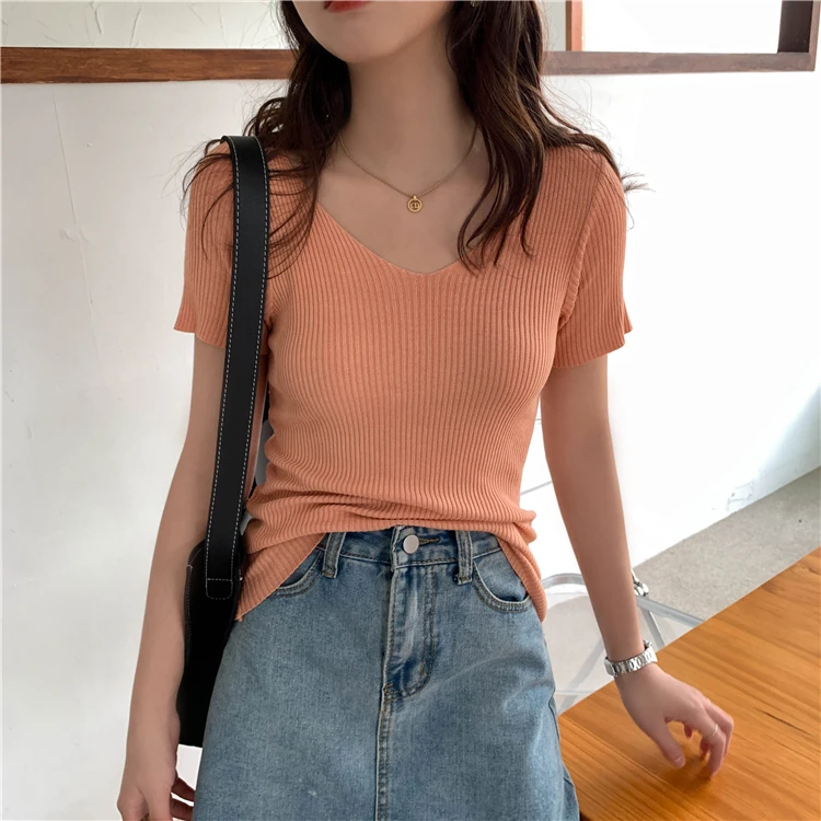 AOSSVIAO 2026 Basic V-neck Solid Thin Summer Pullover Women Female Knitted Ribbed Sweater Slim Short Sleeve Bodycon Sweater