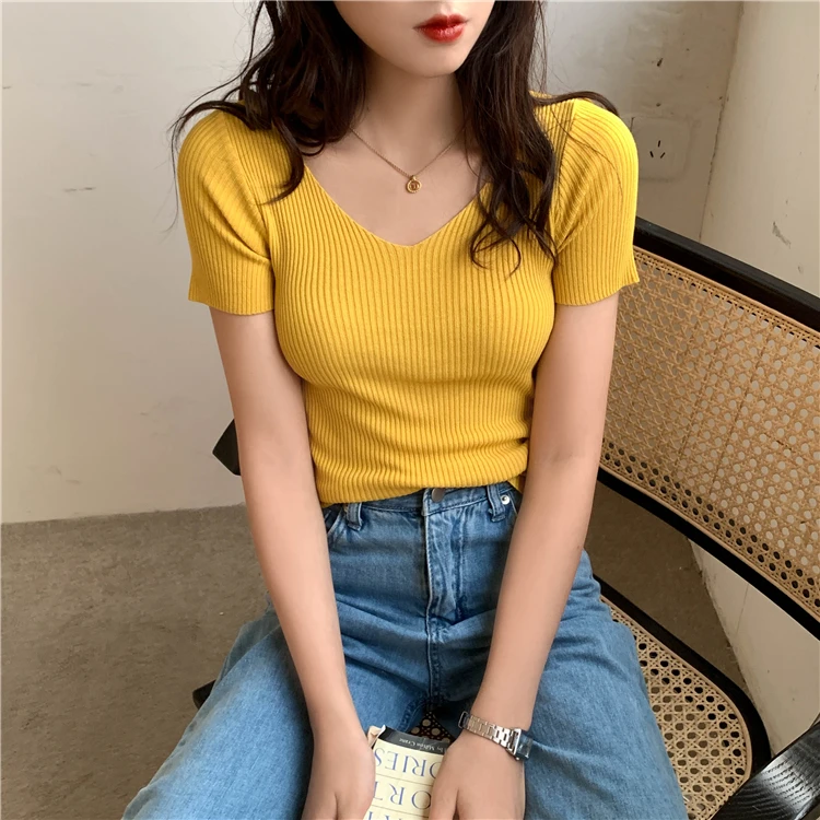AOSSVIAO 2026 Basic V-neck Solid Thin Summer Pullover Women Female Knitted Ribbed Sweater Slim Short Sleeve Bodycon Sweater