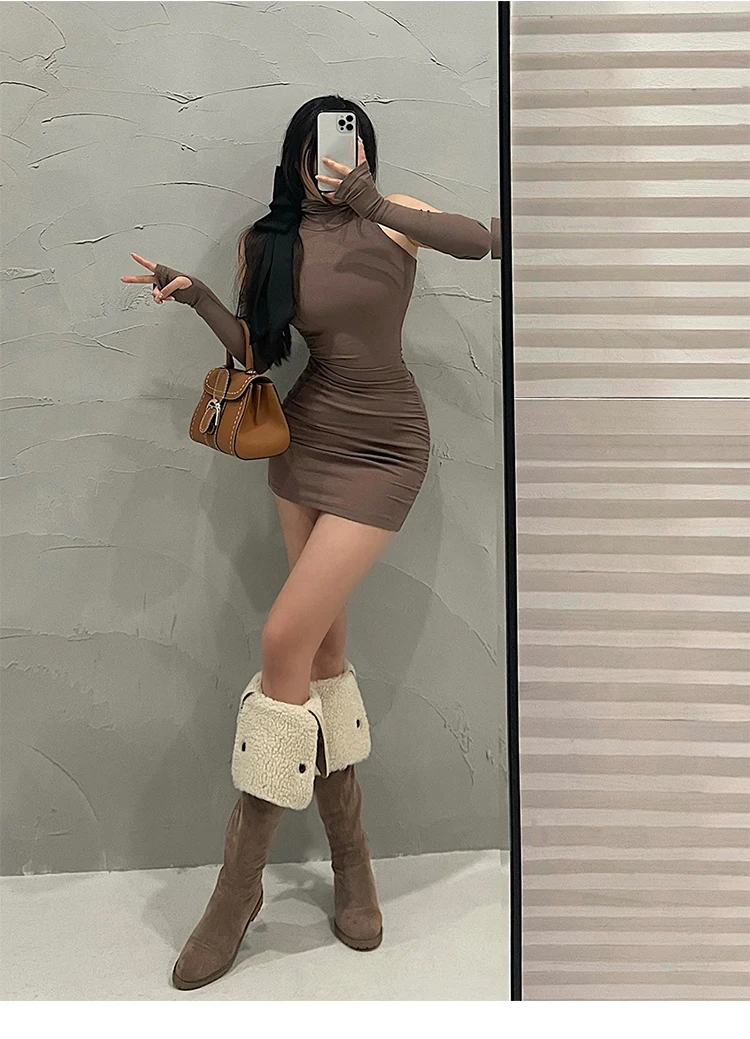 2025 New Women's Mini Dress Sleeveless Pleated Skinny Dress High Neck Lace Up Autumn Black Tight Elastic Party Tank Dresses