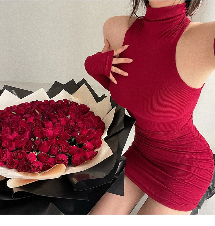 2025 New Women's Mini Dress Sleeveless Pleated Skinny Dress High Neck Lace Up Autumn Black Tight Elastic Party Tank Dresses