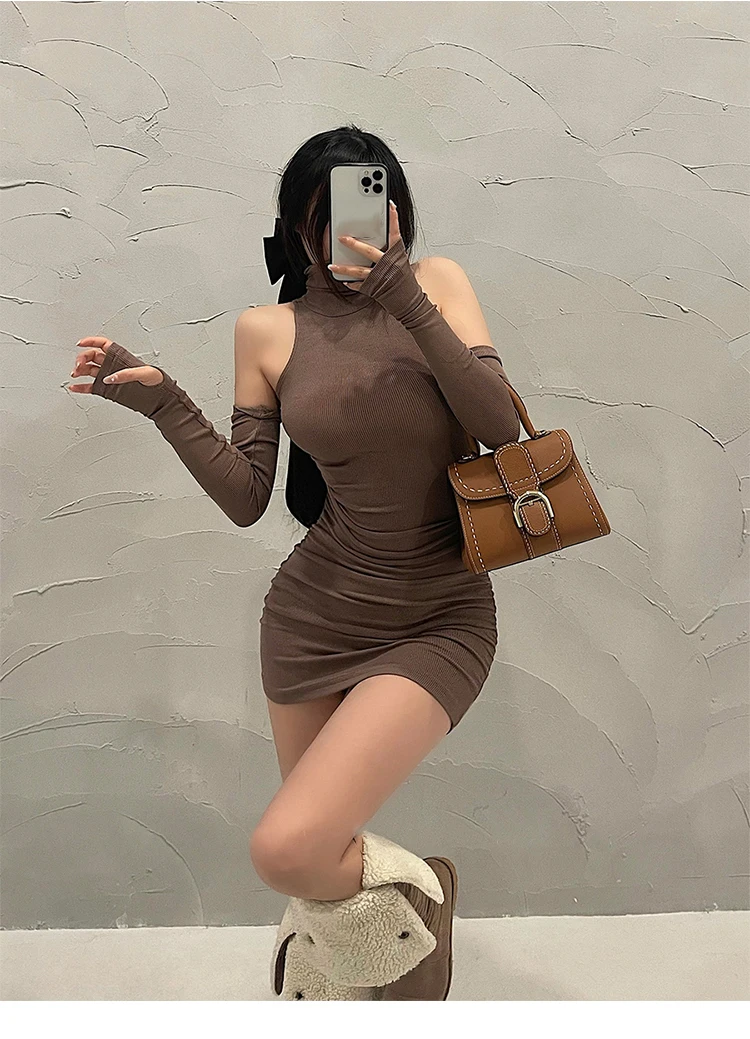 2025 New Women's Mini Dress Sleeveless Pleated Skinny Dress High Neck Lace Up Autumn Black Tight Elastic Party Tank Dresses