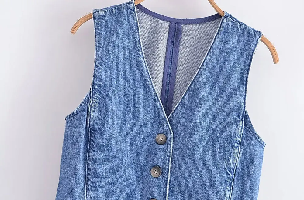 Women Fashion Front Button Denim Waistcoat Vintage V Neck Sleeveless Female Outerwear Chic Vest Tops