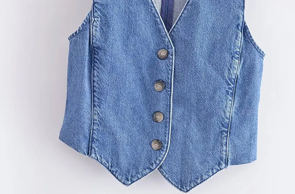 Women Fashion Front Button Denim Waistcoat Vintage V Neck Sleeveless Female Outerwear Chic Vest Tops