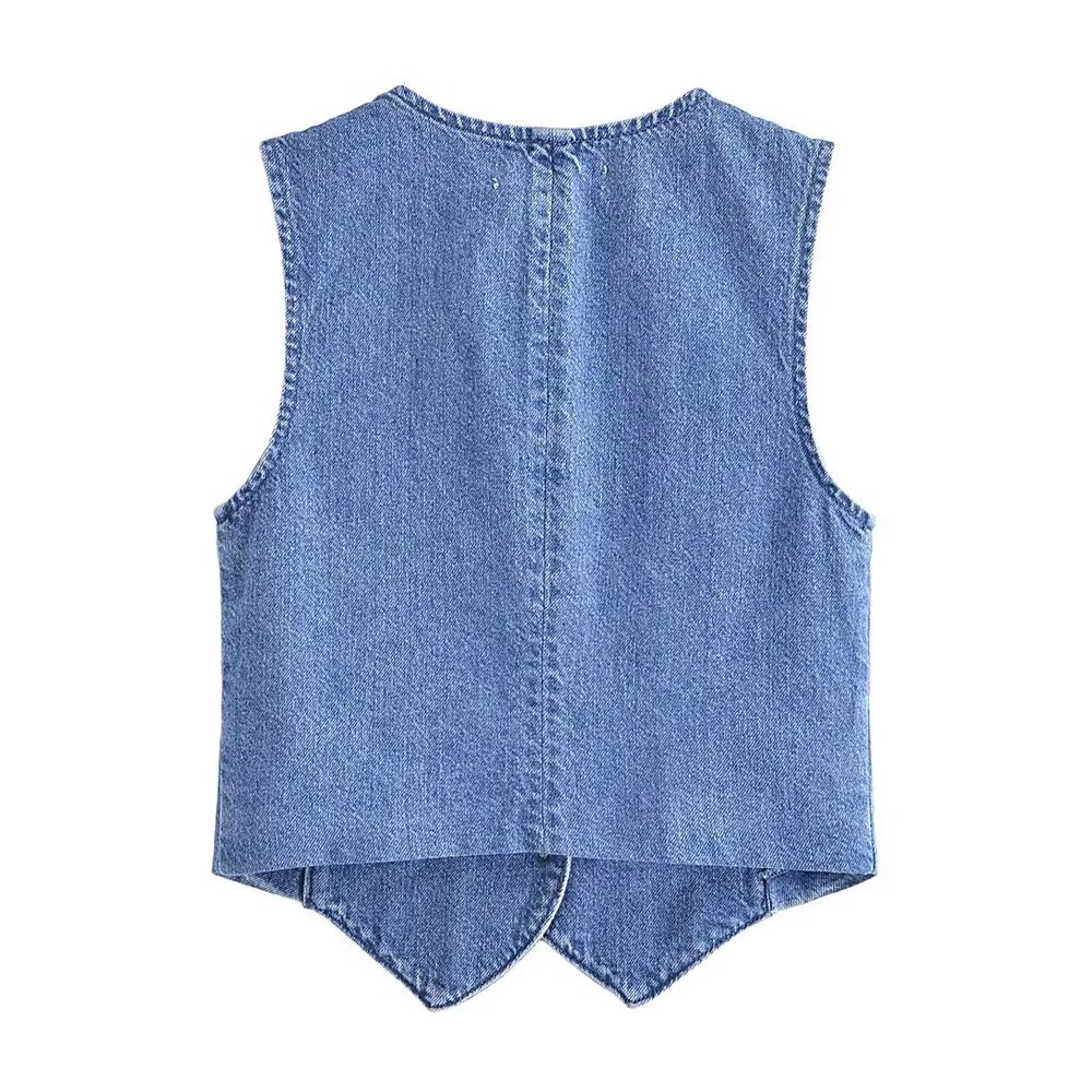 Women Fashion Front Button Denim Waistcoat Vintage V Neck Sleeveless Female Outerwear Chic Vest Tops