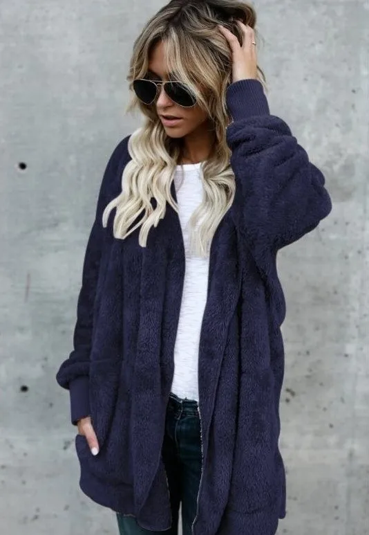 Autumn Winter Double Fleece Cardigan Jacket Women Solid Color Long Sleeve Plush Warm Hooded Lady Jacket Oversized Outerwear Coat