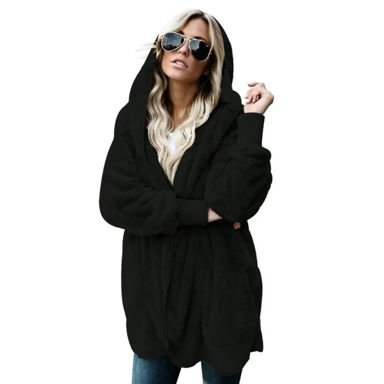 Autumn Winter Double Fleece Cardigan Jacket Women Solid Color Long Sleeve Plush Warm Hooded Lady Jacket Oversized Outerwear Coat