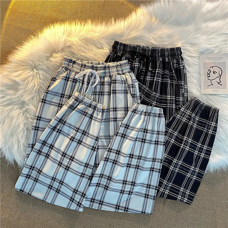 Pants Women New Bunch of feet Fashion Loose Black Plaid Summer Harajuku Students Streetwear Harem Long Trousers Womens Chic