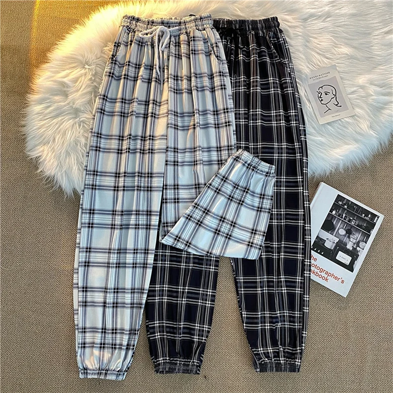Pants Women New Bunch of feet Fashion Loose Black Plaid Summer Harajuku Students Streetwear Harem Long Trousers Womens Chic