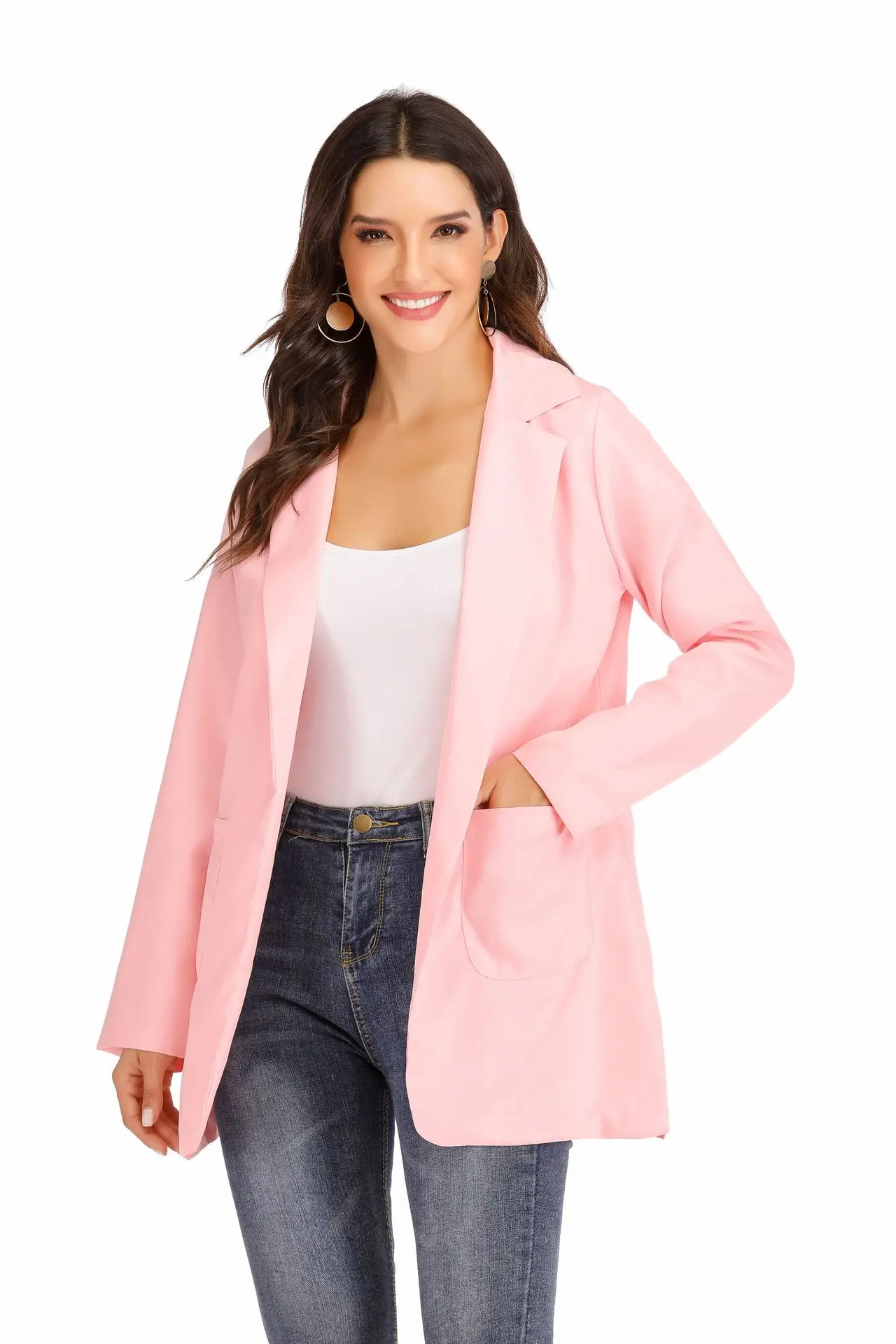 European and American Fashion Casual Suit Polo Neck Slim Fit Cardigan Temperament Women's  Coat Spring and Autumn 2024