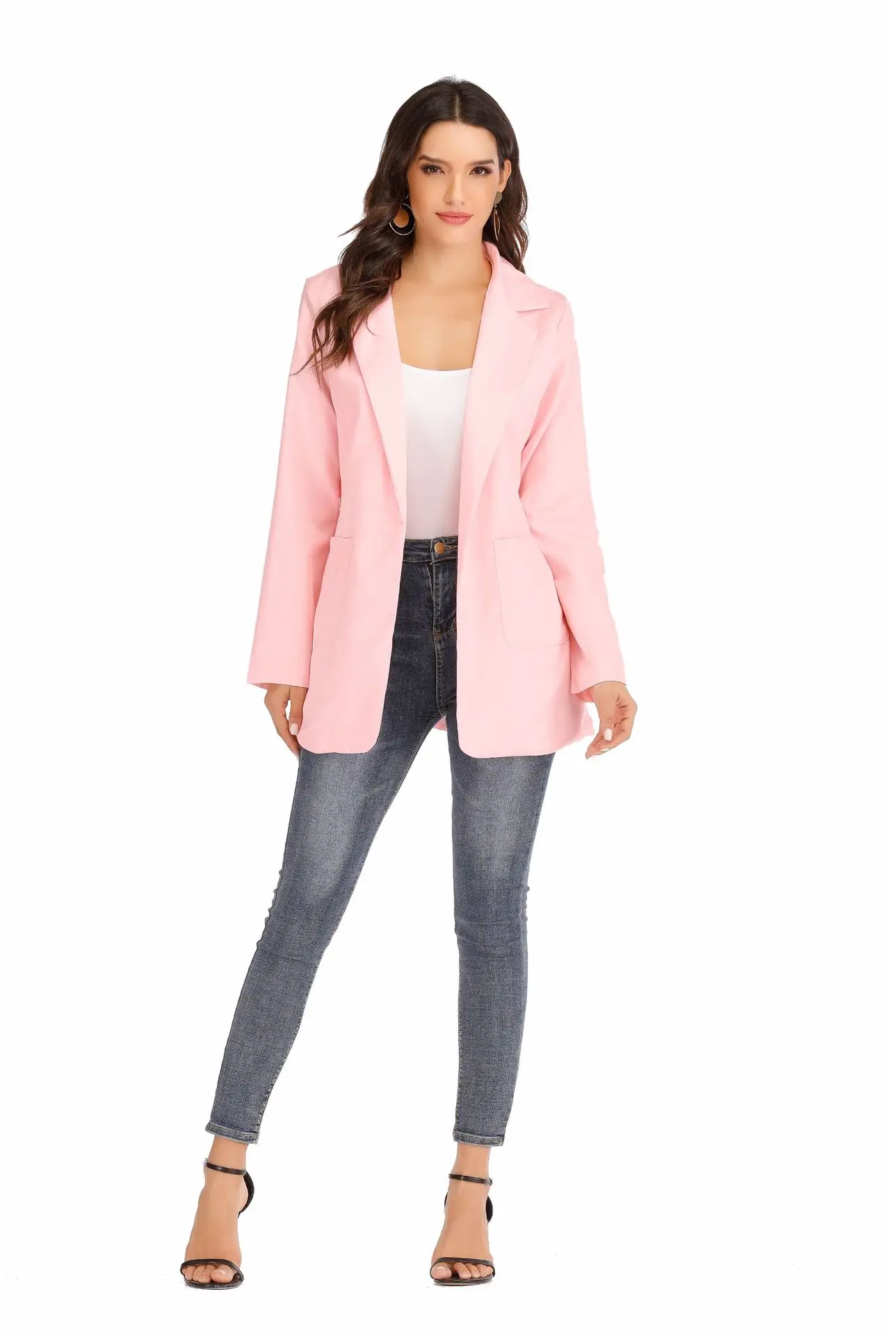 European and American Fashion Casual Suit Polo Neck Slim Fit Cardigan Temperament Women's  Coat Spring and Autumn 2024