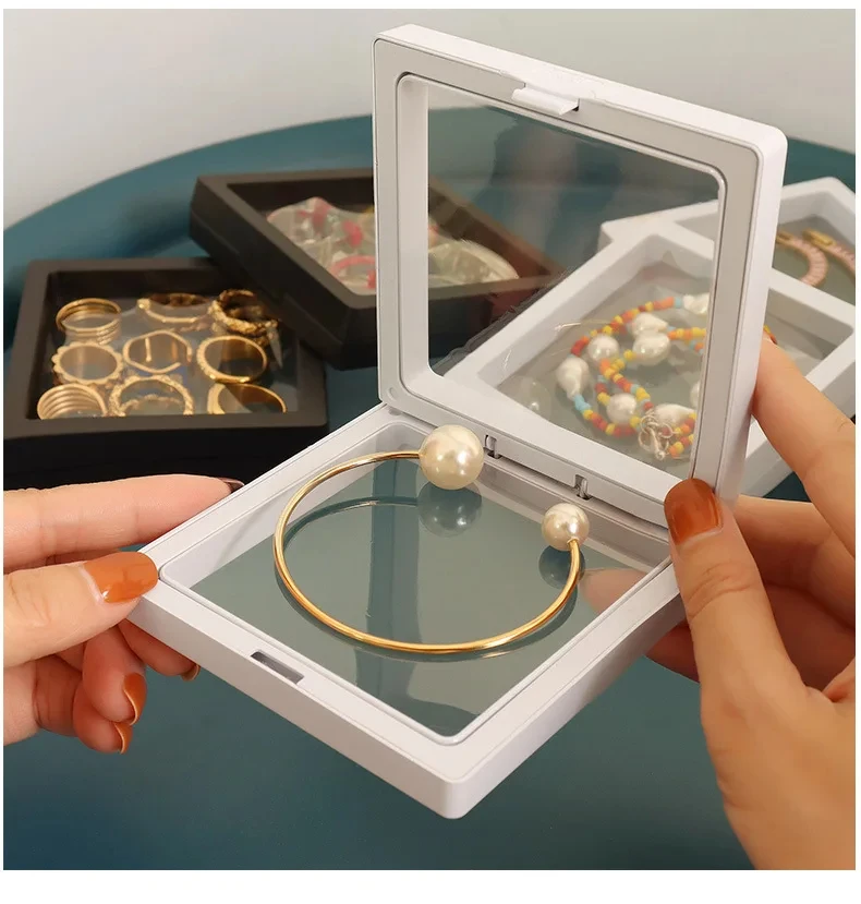 10Pcs PE Film Jewelry Storage Box 3D Packaging Case Free Stand Floating Frame Membrane Ring Earrings Necklace Display Holder