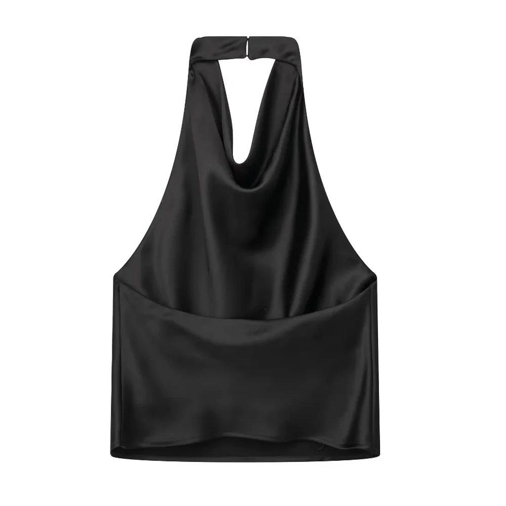 Women Fashion Satin Flowing Halterneck Tank Tops Sexy Backless With Button Female Camis Mujer