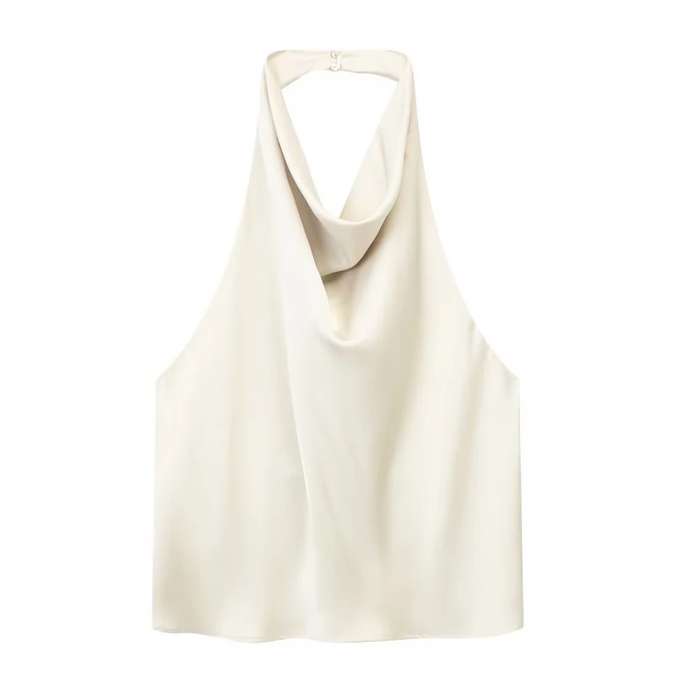 Women Fashion Satin Flowing Halterneck Tank Tops Sexy Backless With Button Female Camis Mujer