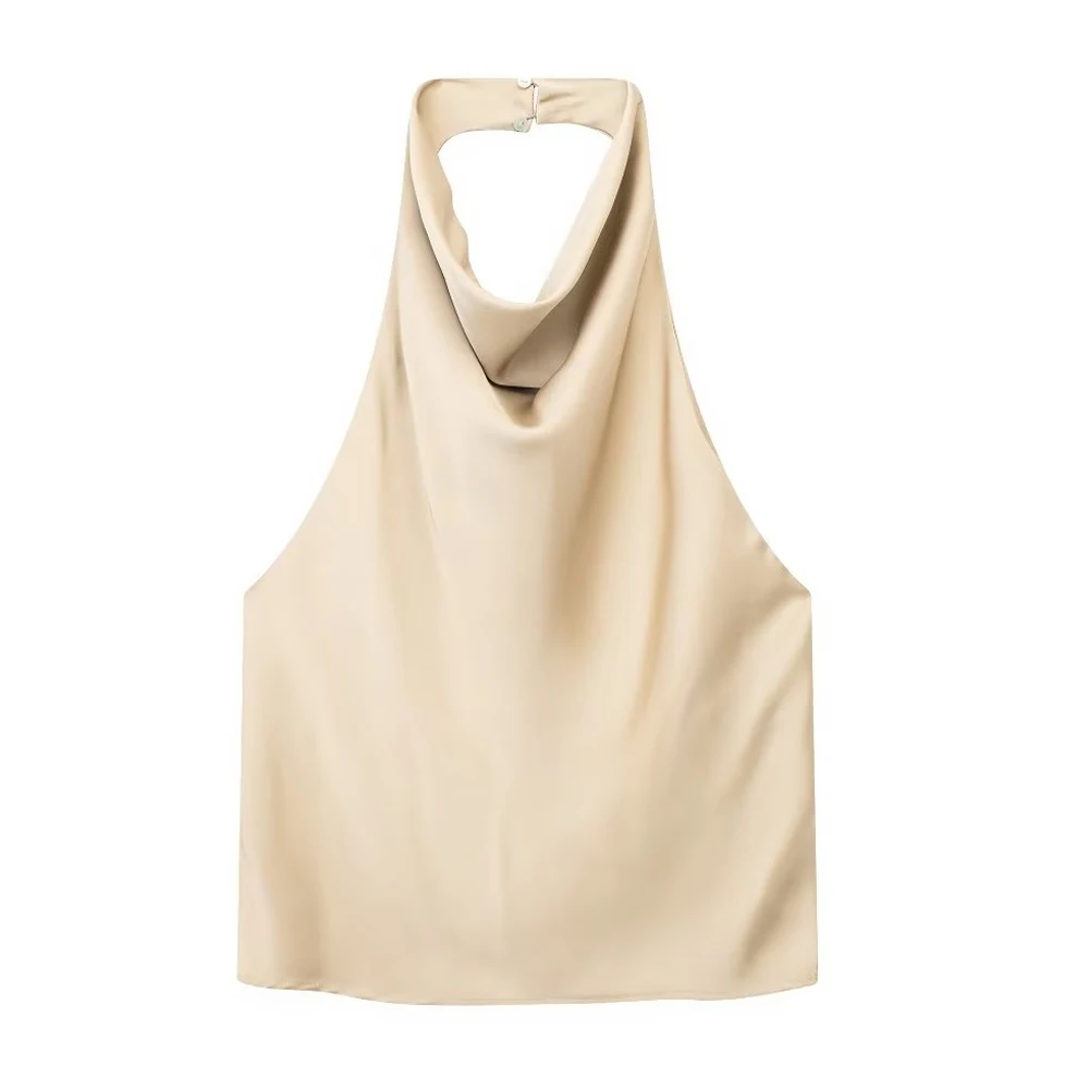 Women Fashion Satin Flowing Halterneck Tank Tops Sexy Backless With Button Female Camis Mujer