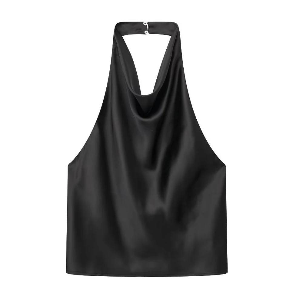 Women Fashion Satin Flowing Halterneck Tank Tops Sexy Backless With Button Female Camis Mujer