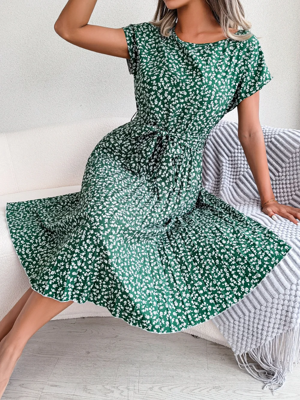 Women Spring Summer Short Sleeve High Waist Chic Dress Fashion Floral Pleated A Line Long Dress