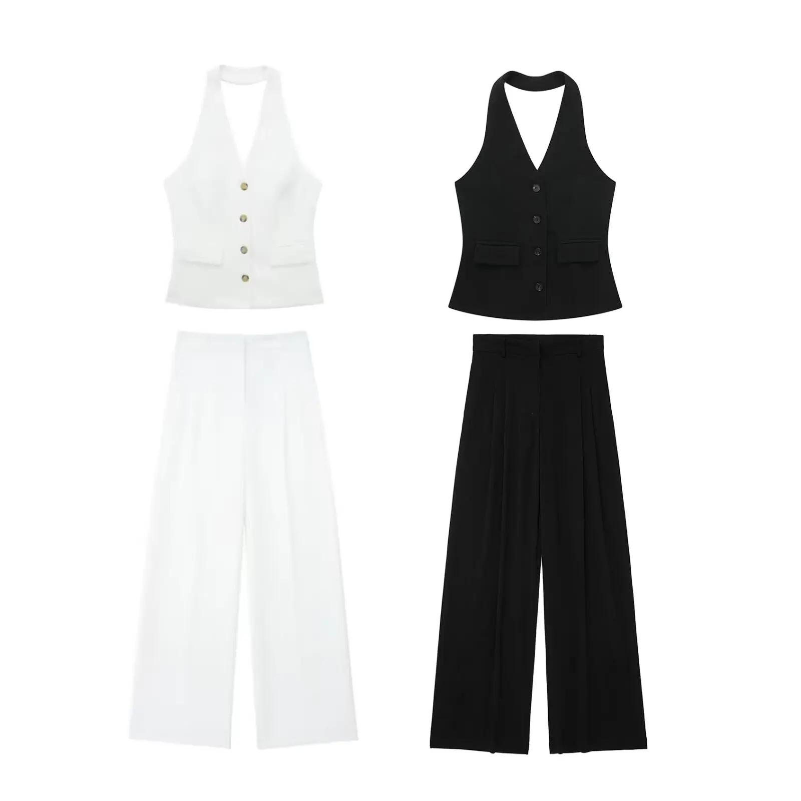 HH Women 2 Piece Set Halter Neck Single-Breasted Pocket Sleeveless Halter Vest Tops+High Waist Zipper Pockets Wide Leg Pant