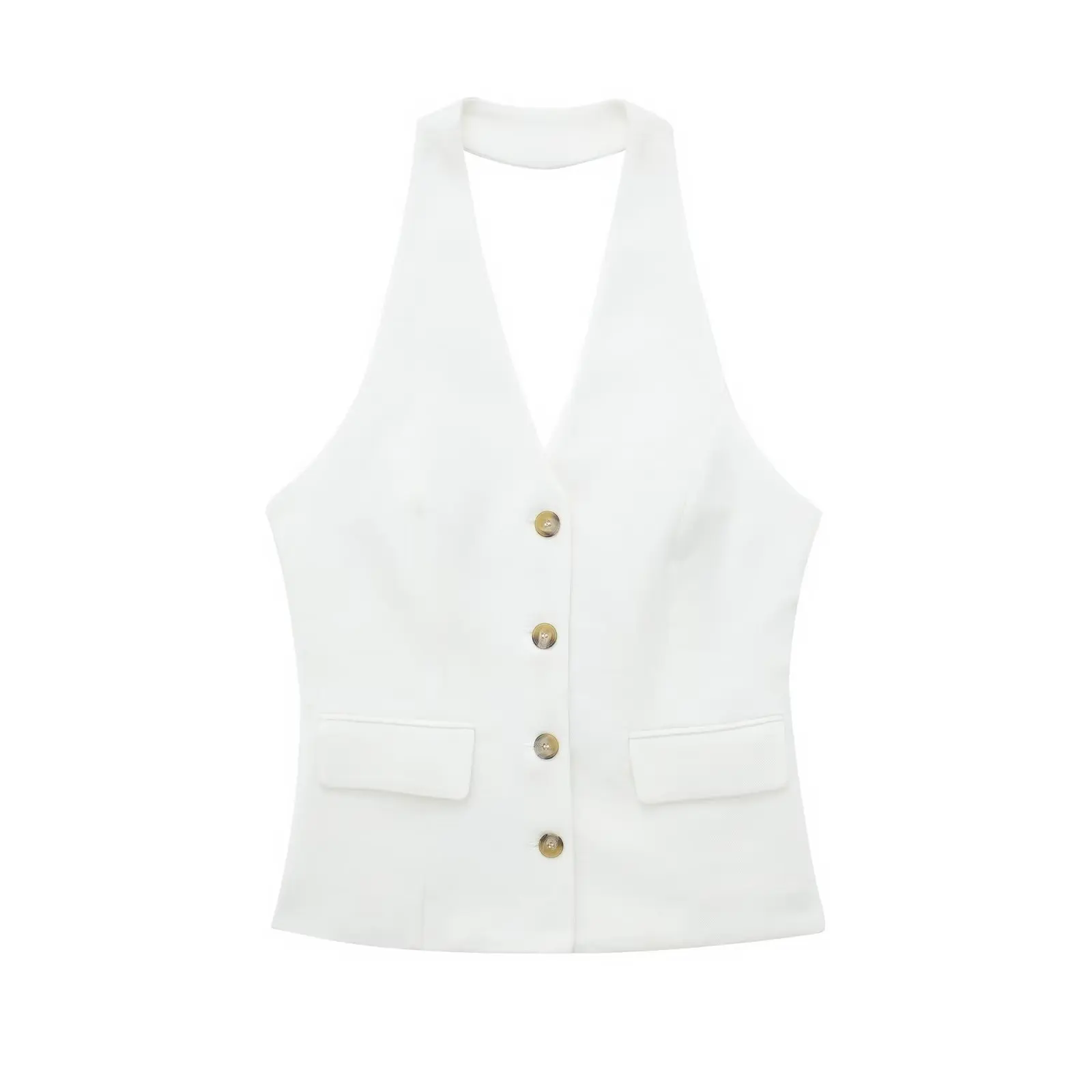 HH Women 2 Piece Set Halter Neck Single-Breasted Pocket Sleeveless Halter Vest Tops+High Waist Zipper Pockets Wide Leg Pant