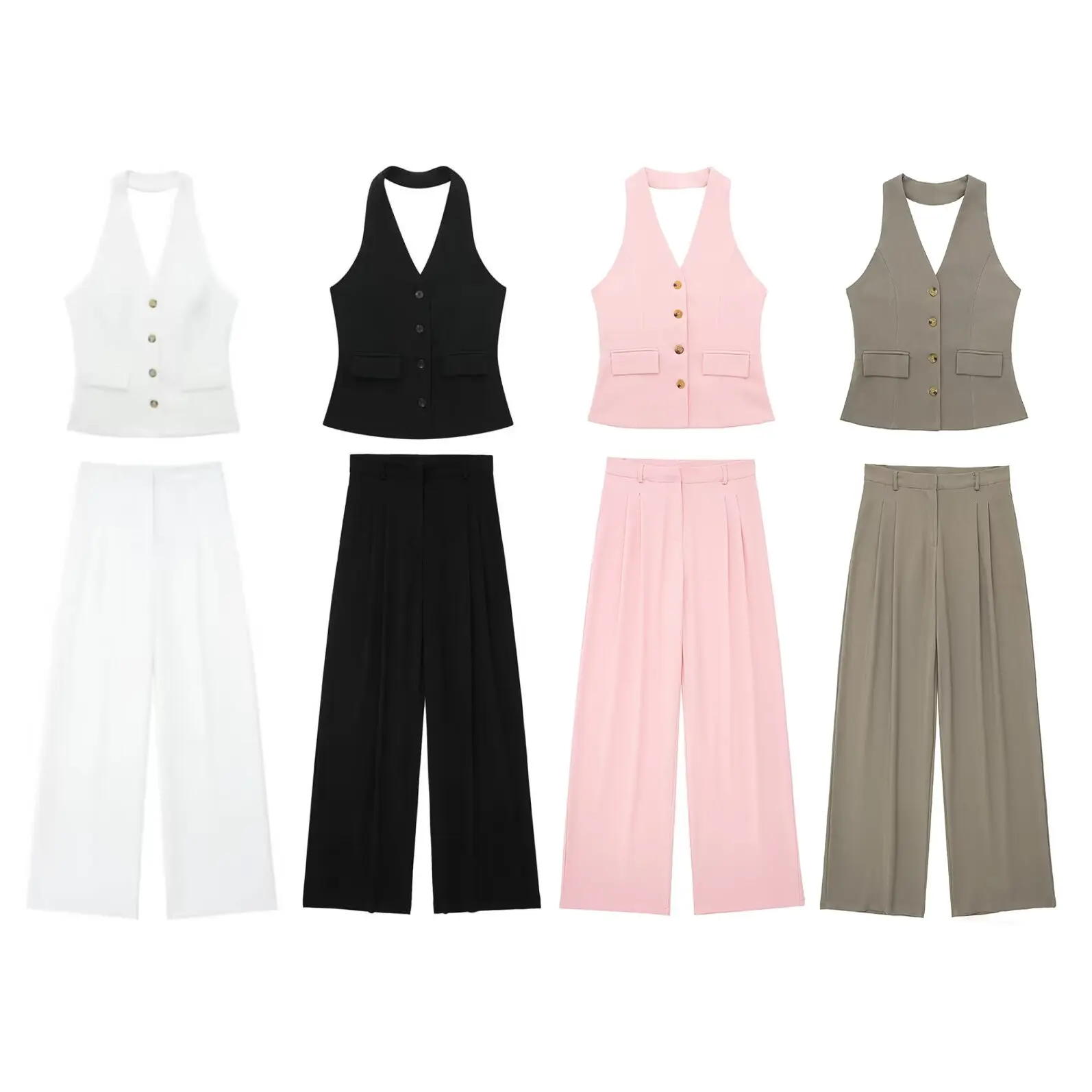 HH Women 2 Piece Set Halter Neck Single-Breasted Pocket Sleeveless Halter Vest Tops+High Waist Zipper Pockets Wide Leg Pant