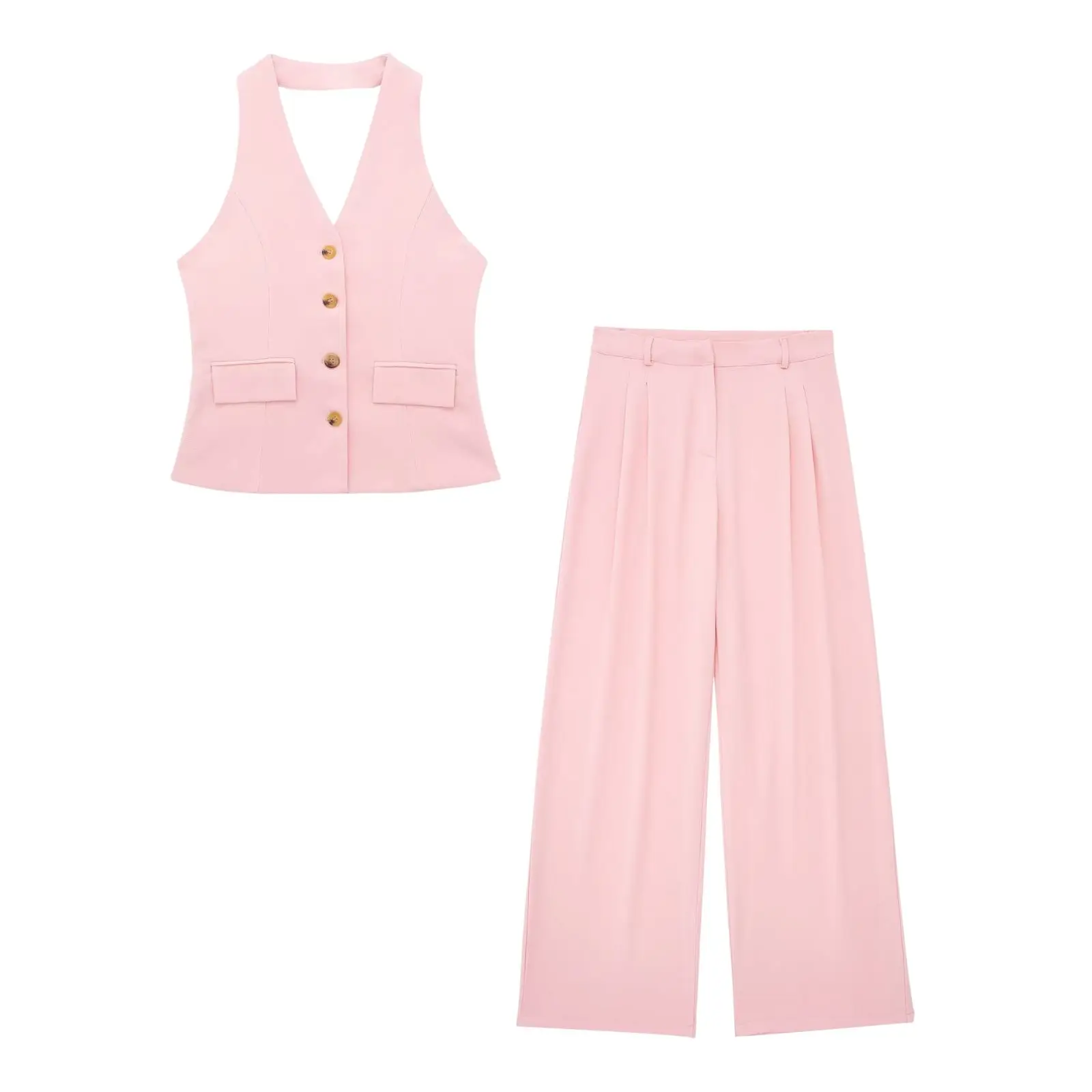 HH Women 2 Piece Set Halter Neck Single-Breasted Pocket Sleeveless Halter Vest Tops+High Waist Zipper Pockets Wide Leg Pant