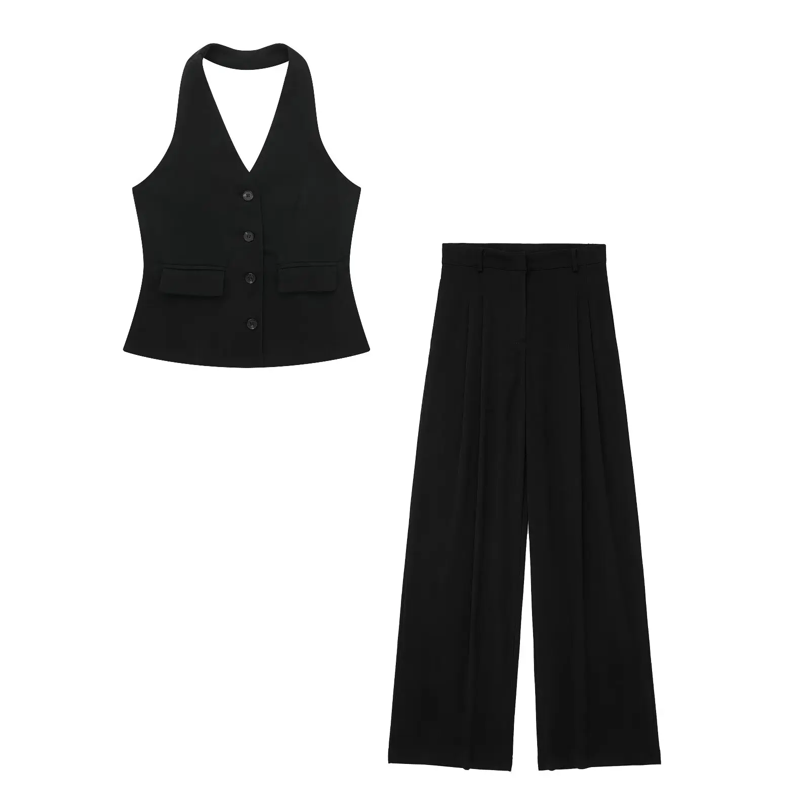 HH Women 2 Piece Set Halter Neck Single-Breasted Pocket Sleeveless Halter Vest Tops+High Waist Zipper Pockets Wide Leg Pant