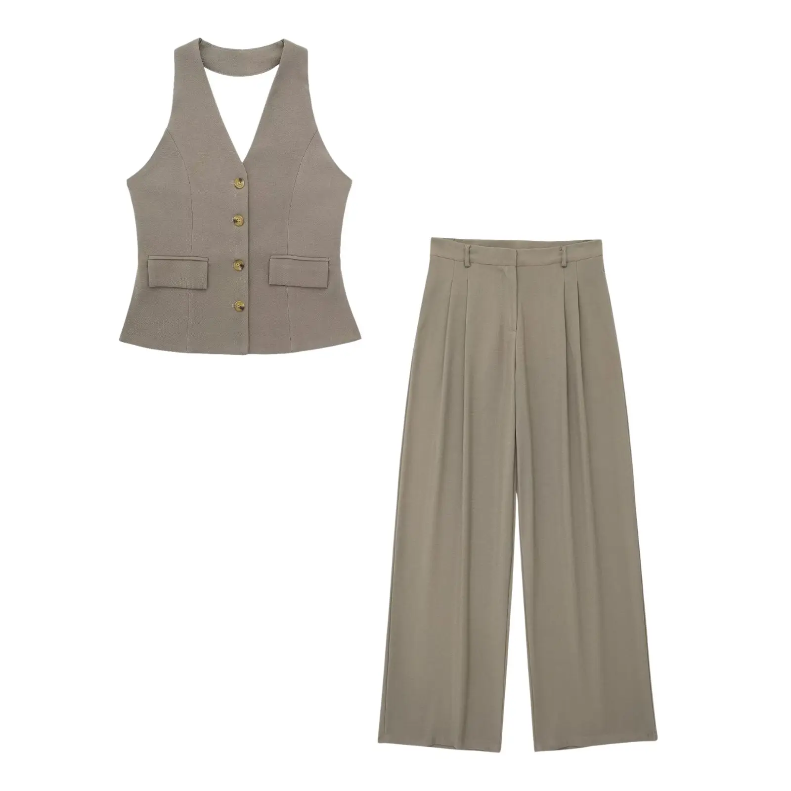 HH Women 2 Piece Set Halter Neck Single-Breasted Pocket Sleeveless Halter Vest Tops+High Waist Zipper Pockets Wide Leg Pant