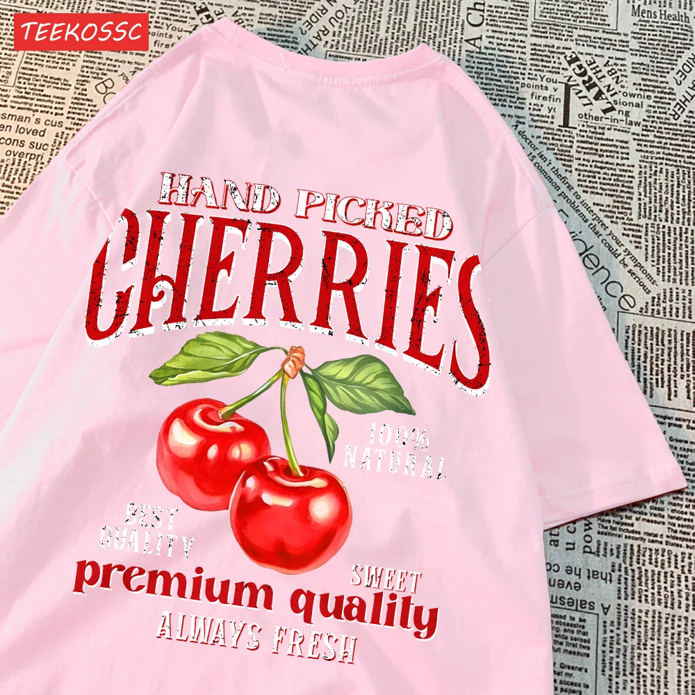 Summer Lemon Cherries Prints T-Shirts Cotton Women's Tops Oversize O-Neck Soft Short Sleeve tees Street Casual Womans Clothes