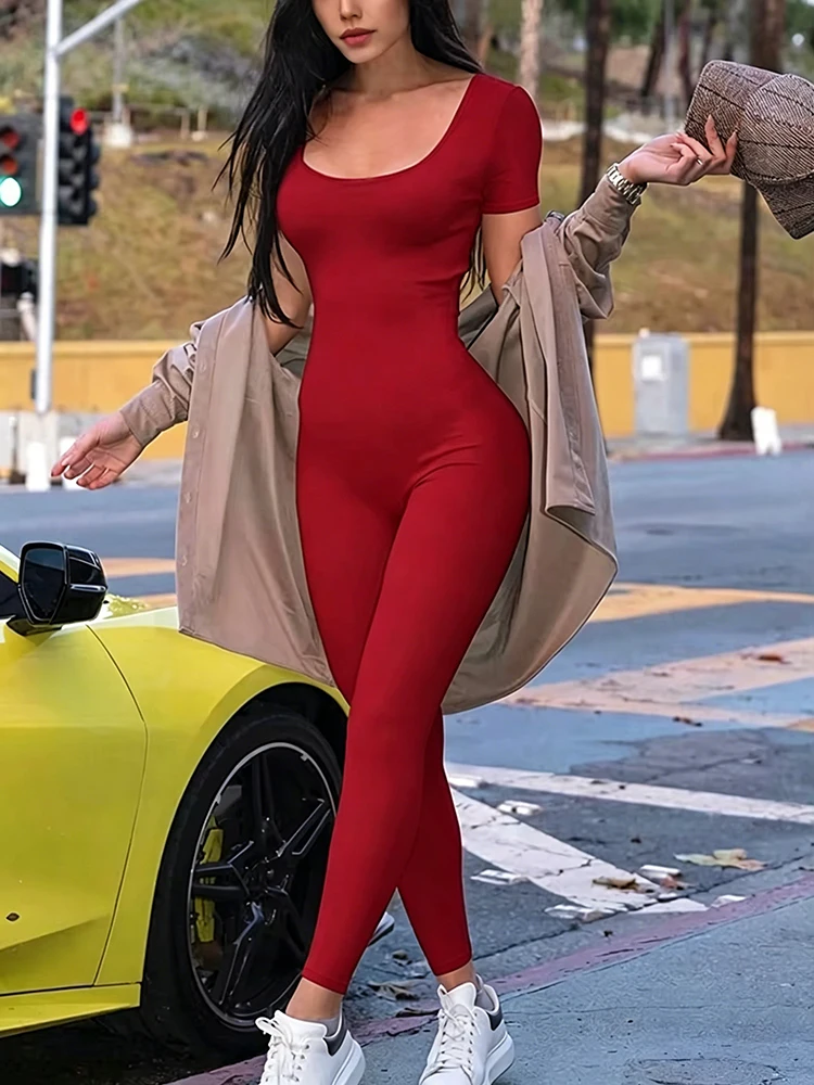 Women's Rompers Short Sleeve Solid Skinny Bodycon Jumpsuits Fashion Sports Fitness Casual Activity Streetwear Overalls