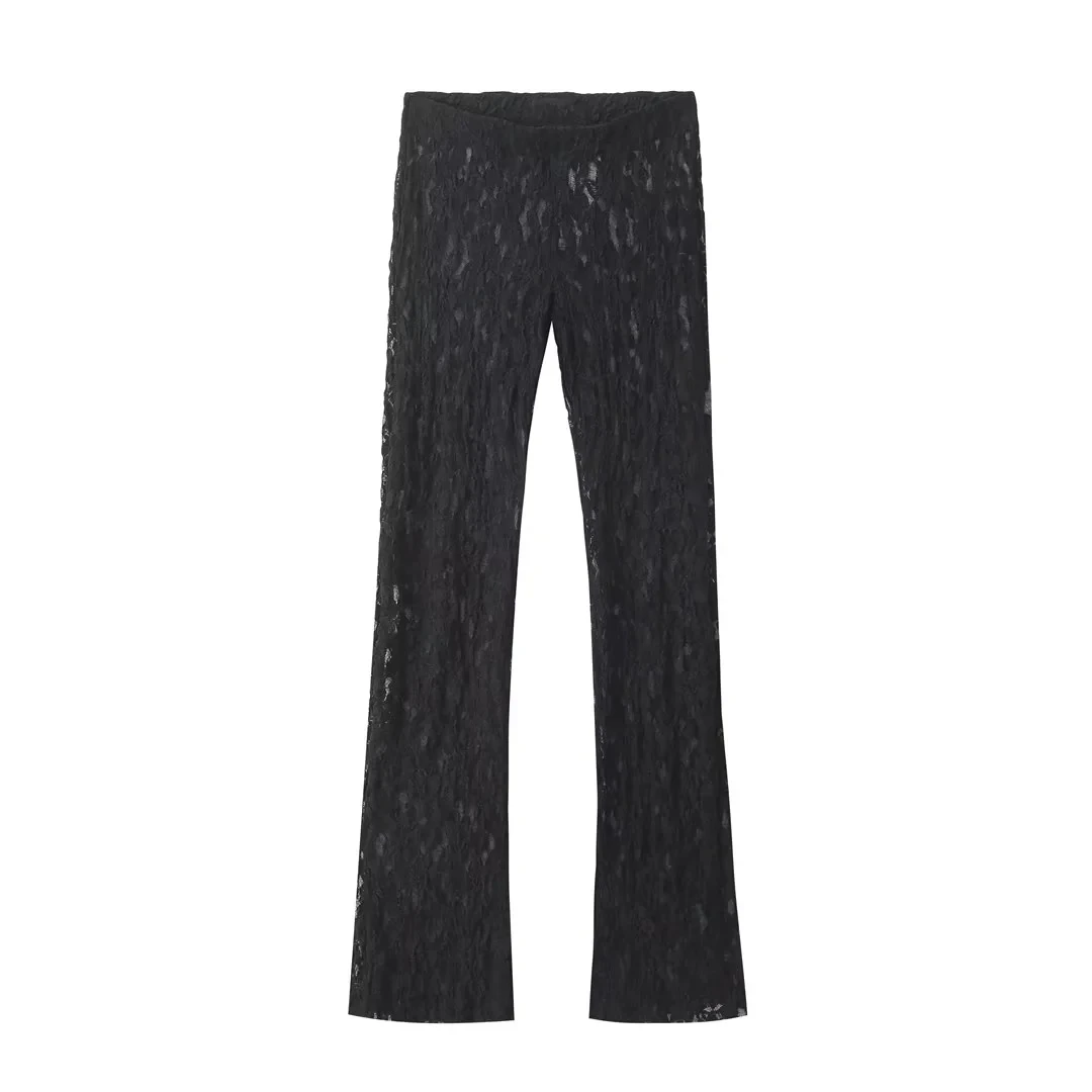 HH Womens Lace Pants Sets Slim Jumpsuits Top + High Waist Trousers Sexy Lady Floral Lace Translucent Y2k Bodysuit Suits